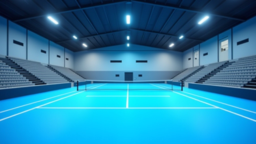 ملعب تنس داخلي حديث مع إضاءة احترافية ومقاعد للمتفرجين